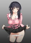  1girl bangs black_hair black_skirt blush breasts brown_eyes character_request collarbone commentary_request fingernails gradient gradient_background grey_background grey_legwear holding holding_clothes holding_skirt idolmaster k52 long_hair looking_at_viewer panties pink_shirt pleated_skirt shirt simple_background skirt smile solo standing thighhighs tongue tongue_out underwear white_panties 
