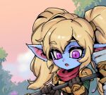  1girl armor bangs black_gloves blue_skin brown_sky colored_skin day eyebrows_visible_through_hair fang gloves holding holding_weapon league_of_legends long_hair open_mouth outdoors phantom_ix_row pink_eyes pink_scarf pointy_ears poppy_(league_of_legends) scarf shiny shiny_hair slit_pupils solo tree twintails weapon yordle 