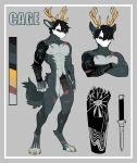 anthro antlers arm_tattoo balls big_penis black_sclera border cage_(zozolight) canid canine canis crossed_arms deer ear_piercing forearm_tattoo forearms fur genital_piercing genitals grey_body grey_border grey_fur hi_res horn humanoid_genitalia humanoid_penis hybrid male mammal mask model_sheet multiple_angles muscular muscular_male nipple_piercing nipples nude_anthro nude_male penis penis_piercing piercing scar solo tattoo wolf yellow_eyes zozolight