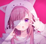  1girl animal_ears bandages cat_ears cat_girl deyui highres indie_virtual_youtuber long_hair looking_at_viewer mikeneko_(utaite) pink_hair purple_eyes ribbon simple_background solo virtual_youtuber 