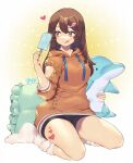  1girl :q bike_shorts black_shorts brown_eyes brown_hair dolphin drawstring food guilty_gear guilty_gear_strive heart highres holding holding_stuffed_toy hood hoodie may_(guilty_gear) murata_tefu orange_hoodie pillow popsicle shorts socks solo stuffed_animal stuffed_dolphin stuffed_toy tongue tongue_out 