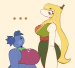 2026 anaya_(dozighost) artist_name barbie_(dozighost) belly big_breasts big_butt blue_body blue_pseudo_hair blue_skin bottomwear bra breast_size_difference breasts butt closed_smile clothed clothing colored confession digital_drawing_(artwork) digital_media_(artwork) dozighost duo elemental_creature elemental_humanoid ellipsis english_text female female/female flat_colors flora_fauna food food_creature food_humanoid fruit fully_clothed green_bottomwear green_clothing green_eyes green_pants green_topwear green_vest huge_breasts humanoid living_fruit long_pseudo_hair looking_at_another looking_down looking_down_at_another mouth_closed not_furry open_mouth pants plant plant_humanoid pseudo_hair pupils red_bra red_clothing red_underwear shaded shortstack shortstack_female signature simple_background simple_eyes size_difference slightly_chubby slightly_chubby_female slightly_chubby_humanoid smile text thick_thighs three-quarter_view topwear underwear vest watermark white_pupils white_sclera wide_hips yellow_background yellow_pseudo_hair
