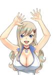  1girl armpits arms_up bangs blonde_hair blue_eyes breasts choker cleavage collared_shirt eden&#039;s_zero eyebrows_visible_through_hair hair_between_eyes hair_ornament hairclip hands_up highres jewelry large_breasts long_hair looking_at_viewer mashima_hiro official_art open_mouth rebecca_bluegarden red_choker scoop_neck shiny shiny_hair shiny_skin shirt simple_background sleeveless sleeveless_shirt smile solo upper_body white_background white_shirt 