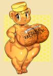 animate_inanimate anthro bear big_breasts bottle bottle_cap breasts clothing container female food golden_body hat headgear headwear hi_res honey_(food) honeycomb honeycomb_(pattern) honeycomb_background huge_breasts hyper hyper_breasts label looking_at_viewer mammal nupi smile smiling_at_viewer solo thick_thighs yellow_eyes