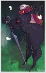 2026 4_fingers absurd_res ambient_fairy arthropod artist_name augdensden big_breasts big_butt black_body border breasts butt capelet clothing female fingers genitals hi_res holding_melee_weapon holding_object holding_weapon hollow_knight_(franchise) hornet's_needle hornet_(hollow_knight) huge_breasts huge_butt humanoid mask melee_weapon mostly_nude muscular muscular_female muscular_legs nipple_piercing nipples piercing solo team_cherry text thick_thighs thread vulva weapon