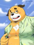  2022 absurd_res anthro belly big_belly blush bodily_fluids canid canine canis clothed clothing cloud domestic_dog eyewear glasses hi_res humanoid_hands kemono male mammal moobs nipples open_clothing open_shirt open_topwear outside overweight overweight_male shirt solo sun sweat topwear tunx2 