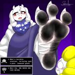 1:1 3_toes angry animate_inanimate anthro boss_monster_(undertale) bovid caprine claws clothing delta_rune_(emblem) dialogue dirty dirty_feet dress duo elemental_creature english_text feet female flora_fauna flower flower_creature flowey_the_flower foot_fetish foot_focus fur goat hi_res horn imminent_stomp larger_female long_ears looming_foot lukefresharts male male/female mammal plant purple_clothing purple_dress raised_foot red_eyes shocked simple_background size_difference smaller_male symbol text text_box toe_claws toes toriel undertale undertale_(series) white_body white_fur white_sleeves wrinkled_feet wrinkles wrinkles_in_clothes