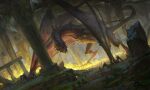 2021 absurd_res ambiguous_gender claws column detailed_background digital_media_(artwork) digitigrade dragon dutch_angle earl_lan feral fire hi_res looking_at_viewer membrane_(anatomy) membranous_wings moss mythological_creature mythological_scalie mythology nimble_ttrpg official_art plant quadruped ruins scalie solo tail teeth window wings