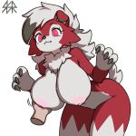 1:1 2026 3_fingers absurd_res alpha_channel ambiguous_gender anthro anthro_focus areola arm_tuft bent_over big_breasts black_body black_claws black_ear_tips black_ears black_eyebrows black_finger_claws black_fur black_nose breasts cheek_tuft claws cute_fangs digital_media_(artwork) dipstick_ears disembodied_hand ear_markings elbow_tuft eyebrows eyelashes facial_tuft fangs female female_anthro finger_claws fingers fur generation_7_pokemon genitals gloves_(marking) hand_on_another's_breast hand_on_breast hanging_breasts hi_res human light-skinned_human light_body light_skin lycanroc mammal markings midnight_lycanroc motion_lines multicolored_body multicolored_ears multicolored_fur navel neck_tuft nintendo nipples nude nude_anthro nude_female pink_areola pink_eyes pink_inner_ear pink_nipples pokemon pokemon_(species) pupils red_body red_ears red_fur safersophieroth shoulder_tuft simple_background solo solo_focus standing tail tail_motion tailwag teeth transparent_background tuft vulva watermark white_body white_breasts white_fur white_tail