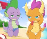  absurd_res anonymous_artist anthro beach bikini bikini_bottom bulge camel_toe clothed clothing day dragon duo female friendship_is_magic hasbro hi_res male my_little_pony nipples seaside smolder_(mlp) speedo spike_(mlp) swimwear topless 