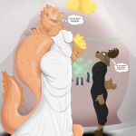 1:1 3_toes 4_ears absurd_res adhafera_kaan ambiguous_gender anthro big_breasts big_butt big_tail black_tie_(suit) bodily_fluids bouquet breasts brown_body brown_fur butt clothing crying deer dress english_text feet female flower folded_wings fur hi_res holding_bouquet holding_flower holding_object hooves huge_breasts huge_butt huge_tail male male/female mammal multi_ear orange_body orange_fur plant samuel_jones size_difference star_dragon_(wildwoodie) suit tail tears tears_of_joy text toes wedding wedding_bells wedding_clothing wedding_dress wedding_veil wildwoodie wings worried_look