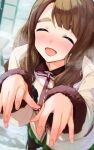  1girl ^_^ ^o^ bangs blunt_bangs blush breath brown_hair closed_eyes cold foreshortening fur-trimmed_jacket fur_trim goshiki_suzu hands_up highres idolmaster idolmaster_million_live! jacket long_hair miyao_miya outdoors smile snow solo thick_eyebrows 