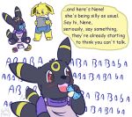 anthro brother_(lore) clothing eeveelution english_text female generation_1_pokemon generation_2_pokemon hangyakuneko hi_res jolteon male nintendo object_in_mouth overalls pacifier pacifier_in_mouth pokemon pokemon_(species) red_eyes shirt sibling_(lore) sister_(lore) tablet text topwear umbreon