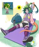 absurd_res annoyed antenna_hair anthro bandage bandage_on_face bandage_on_nose big_ears black_bottomwear black_clothing black_shorts bottle bottomwear bubble buckteeth clothing container converse dansyron digital_drawing_(artwork) digital_media_(artwork) duffel_bag female floor footwear giant_zipper green_hair grey_body hair hi_res inner_ear_fluff jacket legwear mammal matilda_(dansyron) midriff mii_(nintendo) mouse multicolored_clothing murid murine navel open_mouth pattern_clothing pattern_footwear pattern_legwear pattern_socks pink_nose pink_sleeves pink_tail purple_clothing purple_footwear purple_jacket purple_shoes purple_socks purple_topwear rodent scribbles segmented_tail shoe_soles shoelaces shoes shorts socks solo striped_clothing striped_footwear striped_socks stripes tail tapering_tail teeth thought thought_bubble tile tile_floor tomodachi_life tomodachi_life:_living_the_dream topwear tuft water_bottle yellow_eyes yoga_mat