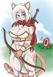  anthro arrow_(weapon) big_breasts blue_eyes blush bow_(weapon) breasts cleavage clothed clothing daigaijin domestic_cat felid feline felis female fur grass hi_res mammal maple_(soulblader) melee_weapon midriff navel outside plant ranged_weapon solo sword weapon white_body white_fur 
