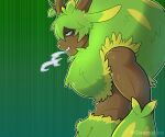ambiguous_gender anthro biceps bovid bovine breath deltoids elemental_creature elgrove european_mythology fangs flora_fauna frown gleepyglorp gradient_background greek_mythology leaf leaf_hair leaning leaning_backward mammal minotaur muscular mythology pal_(species) palworld plant plant_hair pocketpair pseudo_hair scowl shadowed_eyes simple_background solo teeth wooden_antlers