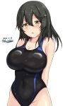  1girl :o alternate_breast_size arms_behind_back black_hair black_swimsuit blue_swimsuit breasts brown_eyes competition_swimsuit dated eyebrows_visible_through_hair hair_between_eyes hair_ornament hairclip highleg highres impossible_clothes impossible_swimsuit kantai_collection large_breasts looking_at_viewer medium_hair montemasa one-piece_swimsuit oyashio_(kancolle) simple_background solo swimsuit twitter_username two-tone_swimsuit wet wet_clothes wet_swimsuit white_background 