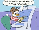 2026 anatid anseriform anthro appliance apron avian beak bird broken_language brown_hair butt clothing dialogue dish disney door duck ear_piercing english_text female food hair handwear kitchen_appliance looking_at_viewer looking_back looking_back_at_viewer lyla_lay meme open_beak open_door open_mouth oven oven_mitts parody piercing solo text tongue unknown_artist why_do_they_call_it_oven?
