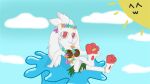 16:9 2021 ^w^ anklet anthro big_ears blue_sky cloud coconut_bra digit_ring feet female flower_headwear flower_necklace fur generation_8_pokemon grass_skirt jewelry nintendo pokemon pokemon_(species) raboot red_toes ring robbleu sky soles_the_raboot solo sun sun_with_face toe_ring toes water white_body white_fur widescreen