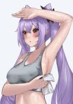  1girl absurdres arm_up armpits bra breasts double_bun fourtwelve genshin_impact grey_bra hair_bun handkerchief highres keqing_(genshin_impact) large_breasts looking_to_the_side midriff navel open_mouth purple_eyes purple_hair sleeveless solo sweat twintails underwear 
