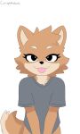 anthro canid canine canis clothing crispy_(crispynecro) crispynecro domestic_dog eyelashes femboy grey_clothing grey_shirt grey_t-shirt grey_topwear hi_res looking_at_viewer male mammal pointy_ears pomeranian shirt smile smiling_at_viewer solo spitz t-shirt tail tongue tongue_out topwear