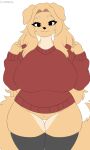 anthro big_breasts bird_dog black_clothing black_legwear black_stockings blonde_hair bottomless breasts canid canine canis clothed clothing crispynecro domestic_dog eyebrows eyelashes female floppy_ears fur genitals golden_retriever hair hi_res huge_breasts hunting_dog legwear long_hair long_tail looking_at_viewer mammal mature_anthro mature_female red_clothing red_sweater red_topwear retriever sakura_(crispynecro) slightly_chubby slightly_chubby_female smile smiling_at_viewer solo stockings sweater tail tan_body tan_fur thick_thighs topwear vulva