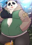  2022 anthro belly big_belly black_body black_nose bottomwear clothing detailed_background giant_panda hi_res hoodie humanoid_hands jujutsu_kaisen kemono male mammal one_eye_closed outside overweight overweight_male panda_(jujutsu_kaisen) pants shirokumaou solo tongue tongue_out topwear ursid white_body wink 