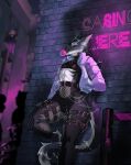 andytakker anthro backalley candy clothing dessert ear_piercing ear_ring female fishnet_clothing food gum hand_in_pocket jacket jewelry leaning_on_wall looking_sideways piercing pockets ring_piercing sergal sign solo topwear ylva_(zanussergal)