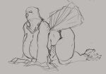 all_fours anthro avian beak big_breasts biped bird breasts feathers female hanging_breasts hi_res huge_breasts jezzlen monochrome non-mammal_breasts pupils simple_background solo tail tail_feathers thick_thighs wide_hips