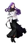  1girl absurdres ankle_boots artist_request black_footwear black_gloves black_skirt black_survival boots braid buttons chinese_knot coat double-breasted gloves highres hyejin_(black_survival) id_card long_hair long_skirt long_sleeves neck_ribbon official_art purple_eyes purple_hair red_ribbon ribbon simple_background skirt solo transparent_background 