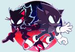  1boy 1girl animal_ears animal_nose aura black_fur black_hair blaze_the_cat blue_background blue_eyes blue_fur blue_sclera body_fur cat_ears cat_girl cat_tail chest_jewel colored_sclera dark_persona dark_sonic eye_contact full_body furry furry_female furry_male gloves highres jumping long_hair looking_at_another looking_to_the_side no_mouth prototype_blaze purple_fur purple_hair red_footwear round_image shoes socks sonic_(series) sonic_the_hedgehog sonic_x spiked_hair stellarspin symmetry tail white_gloves white_legwear 