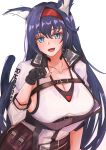  1girl absurdres animal_ear_fluff arknights bangs belt belt_bag black_gloves blaze_(arknights) blue_eyes blue_hair blush breasts brown_belt cleavage collarbone eyebrows_visible_through_hair fang fang_out gloves hairband highres jacket large_breasts long_hair looking_at_viewer muteppona_hito open_clothes open_jacket open_mouth partially_fingerless_gloves paw_pose red_hairband shirt solo tail upper_body white_background white_jacket white_shirt 