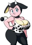  animal_print anthro big_breasts black_pupils blue_eyes bottomwear breasts cleavage clothed clothing cow_print english_text female hand_on_hip hi_res hooved_hands horn huge_thighs looking_at_viewer miltank multicolored_body nintendo pants pok&eacute;mon pok&eacute;mon_(species) pupils shirt smile solo tank_top tansau text text_on_clothing text_on_shirt text_on_topwear thick_thighs topwear video_games wide_hips yoga_pants 
