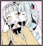  2girls alternate_costume bangs black_border blue_hair blunt_bangs blush border bow bowtie closed_eyes collared_shirt cup drinking_straw facing_another gawr_gura grey_hair hair_bun holding holding_cup hololive hololive_english ichimi kiss kissing_cheek long_hair long_sleeves looking_at_another medium_hair multicolored_hair multiple_girls murasaki_shion open_mouth outstretched_arm pink_background red_bow red_bowtie sailor_collar selfie shirt two-tone_hair upper_body virtual_youtuber yellow_eyes yuri 