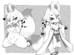  &lt;3 8_nipples abstract_background anthro asian_clothing bell bell_collar belly blush bottomless breasts canid canine chest_tuft clothed clothing collar crotch_tuft cute_fangs dipstick_tail east_asian_clothing female footwear fox fur geta hair hand_on_chest hand_on_stomach handpaw hi_res japanese_clothing kemono kneeling looking_at_viewer mammal markings mehajiki miko_outfit monochrome mostly_nude multi_nipple multicolored_hair navel neck_tuft nipples open_mouth open_smile paws screentone seductive smile socks solo tabi_socks tail_markings thick_thighs tuft two_tone_hair ukan_muri white_body white_fur yukata 