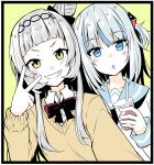  2girls alternate_costume bangs black_border blue_hair blunt_bangs blush border bow bowtie collarbone collared_shirt commentary_request cup drinking_straw gawr_gura grey_hair grin hair_bun holding holding_cup hololive hololive_english ichimi long_hair long_sleeves looking_at_viewer medium_hair multicolored_hair multiple_girls murasaki_shion open_mouth outstretched_arm red_bow red_bowtie sailor_collar selfie shirt smile two-tone_hair upper_body v virtual_youtuber yellow_background yellow_eyes 