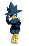  anthro armwear beak big_breasts blue_body breasts cleavage clothed clothing dress female hand_on_hip hat headgear headwear hi_res looking_at_viewer murkrow nintendo pok&eacute;mon pok&eacute;mon_(species) pupils red_eyes smile solo tansau thick_thighs video_games white_pupils wide_hips 