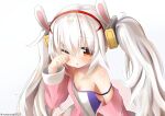  1girl absurdres animal_ears azur_lane bangs blush breasts buttons cleavage closed_mouth collarbone dot_nose eyebrows_visible_through_hair fake_animal_ears fake_tail floating_hair full_body fur_trim hair_between_eyes hairband half-closed_eyes highres holding jacket laffey_(azur_lane) legs_apart lifebuoy long_hair long_sleeves looking_at_viewer machinery miniskirt off_shoulder open_clothes open_jacket pigeon-toed pink_jacket platform_footwear pleated_skirt pocket purple_hair rabbit rabbit_ears rabbit_tail red_eyes red_hairband red_skirt rotroto shirt sidelocks simple_background single_vertical_stripe skirt sleeves_past_wrists small_breasts smokestack solo spotlight tachi-e tail thighhighs torpedo turret twintails white_background white_legwear wide_sleeves zettai_ryouiki zipper_pull_tab 