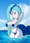  absurd_res anthro big_breasts bikini black_pupils blue_eyes blue_hair breasts clothing female hair hands_behind_head hi_res huge_breasts long_hair looking_at_viewer navel nintendo pok&eacute;mon pok&eacute;mon_(species) primarina pupils smile solo swimwear tansau thick_thighs video_games 