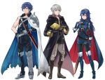  2boys ameno_(a_meno0) armor armored_boots asymmetrical_clothes bangs belt blue_eyes blue_footwear blue_gloves blue_hair blue_sweater book boots brown_belt brown_eyes cape chrom_(fire_emblem) closed_mouth coat falchion_(fire_emblem) fingerless_gloves fire_emblem fire_emblem_awakening full_body gloves grey_hair hand_on_own_chest lips long_hair long_sleeves looking_at_viewer lucina_(fire_emblem) multiple_boys pink_lips red_cape ribbed_sweater robin_(fire_emblem) robin_(fire_emblem)_(male) short_hair shoulder_armor simple_background smile sweater sword tiara torn_clothes turtleneck turtleneck_sweater two-tone_cape weapon white_background 