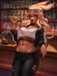  1girl abs absurdres animal_ears ashtray avatar_(ff14) bar blonde_hair blurry blurry_background bottle breasts cigar commission cormgreenu crop_top cup dark-skinned_female dark_skin eyewear_on_head final_fantasy final_fantasy_xiv highres holding holding_cup jacket jewelry large_breasts lilisette_illderthane_(lilisettexiv) long_hair looking_at_viewer midriff navel open_clothes open_jacket pants purple_eyes rabbit_ears red_lips ring solo torn_clothes torn_pants tumbler viera 