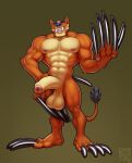  2021 abs anthro balls claws digital_media_(artwork) erection eyebrows foreskin fur genitals hi_res long_claws long_nails longblueclaw looking_at_viewer male muscular muscular_male nipples penis simple_background smile solo standing teeth urethra 