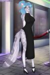  anthro black_clothing black_dress blue_eyes blue_hair breasts clothed clothing dress felid female fluffy fluffy_tail fur ghostlywafflez grey_body grey_fur hair hi_res high_heels inner_ear_fluff ivory_(ghostlywafflez) mammal neon_lights outside pantherine ponytail rope signature sleeveless_dress slim slim_anthro slim_female slit_dress smile snow_leopard solo spots spotted_body spotted_fur street teeth tuft window 