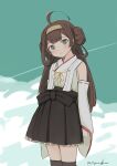  1girl absurdres ahoge blue_sky brown_hair brown_skirt cloud contrail cowboy_shot detached_sleeves double_bun grey_eyes hairband head_tilt headgear highres japanese_clothes kantai_collection kongou_(kancolle) long_hair looking_at_viewer one-hour_drawing_challenge ribbon-trimmed_sleeves ribbon_trim skirt sky solo standing thighhighs toplow 