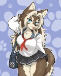  2021 anthro august_flamme_rouge blep blue_eyes bottomwear brown_body brown_fur canid canine canis centinel303 clothing female fur japanese_school_uniform mammal miniskirt multicolored_body multicolored_fur panties purse serafuku skirt solo surigara_usuzu tan_body tan_fur tongue tongue_out two_tone_body two_tone_fur underwear wolf 