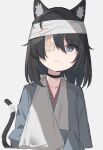  1girl animal_ears arm_sling bandage_over_one_eye bandaged_head bandaged_tail bandages black_hair cat_ears cat_girl cat_tail frown highres hospital_gown original satou_(3366_s) short_hair sketch sleeves_past_fingers sleeves_past_wrists tail 