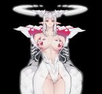 1girl arms_at_sides black_background breasts collarbone colored_eyelashes di_yi_xing_zian extra_eyes horns large_breasts looking_at_viewer monster_girl notched_ear original oversized_forearms oversized_limbs pointy_ears red_eyes white_hair 