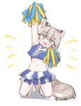  1girl alternate_costume animal_ears bare_shoulders blue_shirt blue_skirt blush brown_hair cat_ears cat_girl cat_tail cheerleader crop_top fangs green_eyes grey_hair highres kemono_friends kneeling midriff multicolored_hair navel nyctereutes open_mouth pleated_skirt pom_pom_(cheerleading) shirt short_hair skirt sleeveless smile solo tail tsushima_leopard_cat_(kemono_friends) two-tone_shirt two-tone_skirt white_shirt white_skirt 