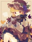  1girl :t adapted_costume aki_minoriko apron autumn_leaves bag bangs blonde_hair blue_bow blue_skirt blunt_bangs bow brown_apron brown_coat brown_gloves brown_scarf coat commentary eating feet_out_of_frame food frilled_hat frills fur-trimmed_coat fur_trim gloves grape_hat_ornament hat highres holding holding_food knees_together_feet_apart leaf long_sleeves looking_at_viewer mob_cap nikorashi-ka one-hour_drawing_challenge paper_bag plaid plaid_scarf red_eyes ribbon-trimmed_headwear ribbon_trim scarf short_hair sitting skirt solo sweet_potato touhou waist_apron 