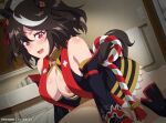  1girl animal_ears black_hair blush breasts cleavage clothed_sex commentary_request cowgirl_position eufoniuz hair_between_eyes hair_ornament highres horse_ears kitasan_black_(umamusume) large_breasts nipples open_mouth red_eyes sex solo_focus straddling sweatdrop umamusume 